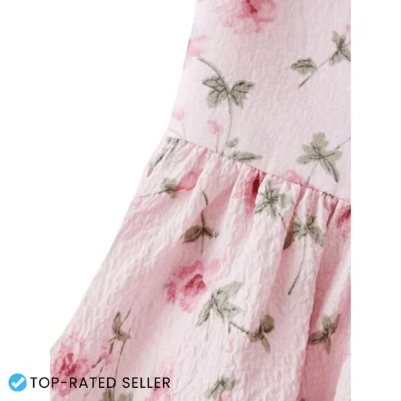 Floral Puff Sleeve Ruched A-Line Boho Flared Dress for Girls Casual Wear - Picture 2 of 4